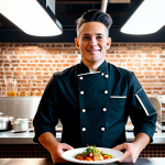 A professional chef, fully clothed in a clean, modest chef's uniform, stands proudly presenting a meticulously plated gourmet dish. The setting is a modern, industrial-chic restaurant with exposed brick and high ceilings. Strategic, warm, and dimmed lighting casts soft glows on the table, highlighting the vibrant, naturally colored ingredients and delicate textures of the dish, which is arranged like a work of art. The chef maintains a natural, professional pose, showcasing perfect anatomy, correct proportions, and well-formed hands. This image is safe for work, appropriate content, and depicts a professional environment.