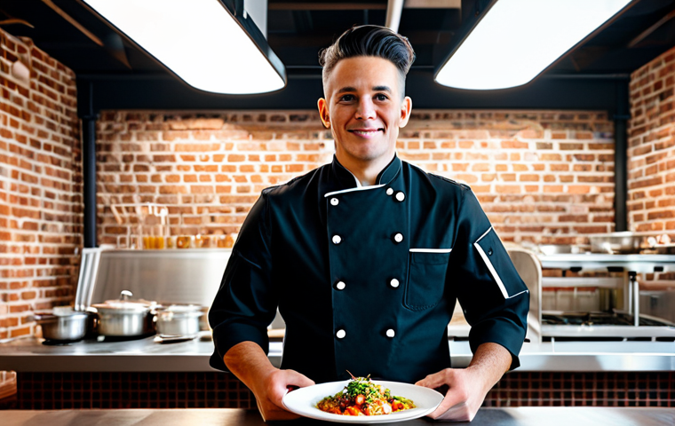 A professional chef, fully clothed in a clean, modest chef's uniform, stands proudly presenting a meticulously plated gourmet dish. The setting is a modern, industrial-chic restaurant with exposed brick and high ceilings. Strategic, warm, and dimmed lighting casts soft glows on the table, highlighting the vibrant, naturally colored ingredients and delicate textures of the dish, which is arranged like a work of art. The chef maintains a natural, professional pose, showcasing perfect anatomy, correct proportions, and well-formed hands. This image is safe for work, appropriate content, and depicts a professional environment.