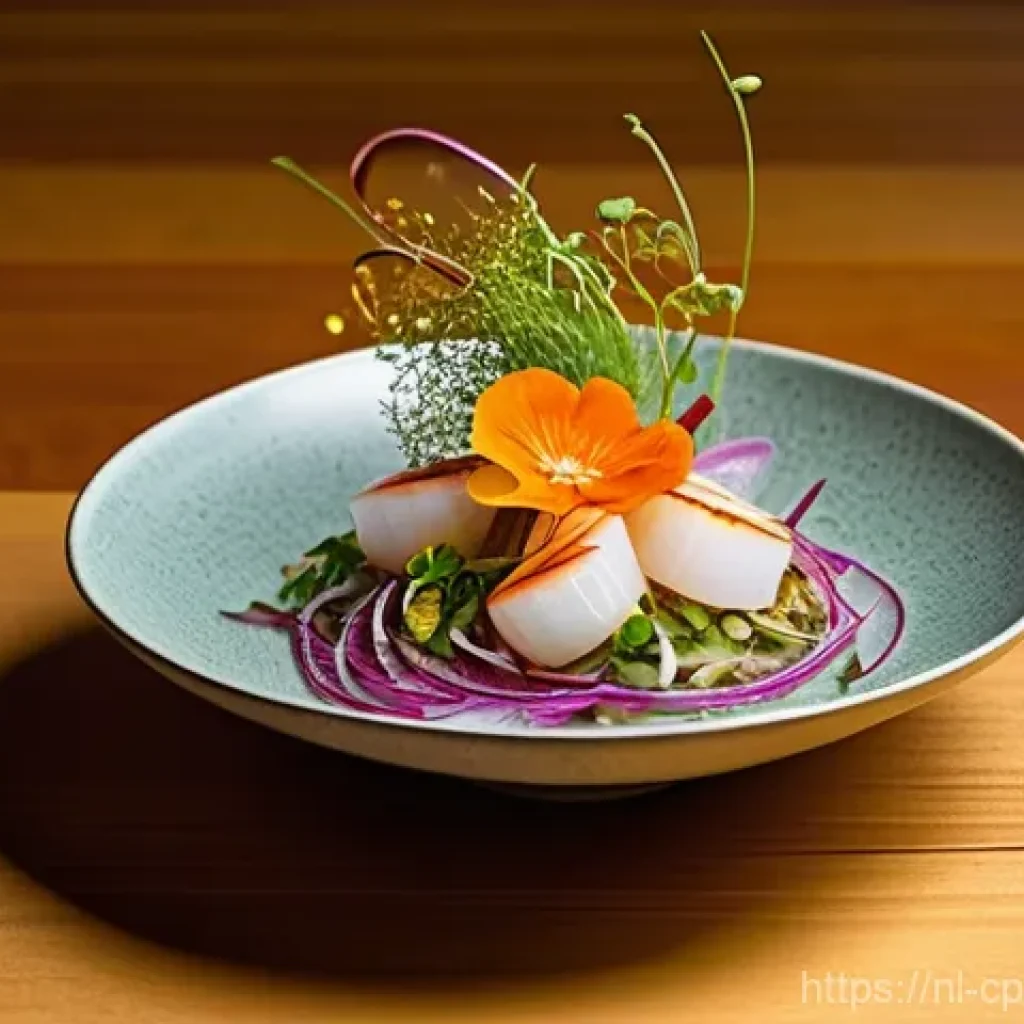 퓨전 요리의 트렌드 분석 - **"A beautifully composed, high-angle shot of a sophisticated Nikkei-style ceviche, presented in a m...