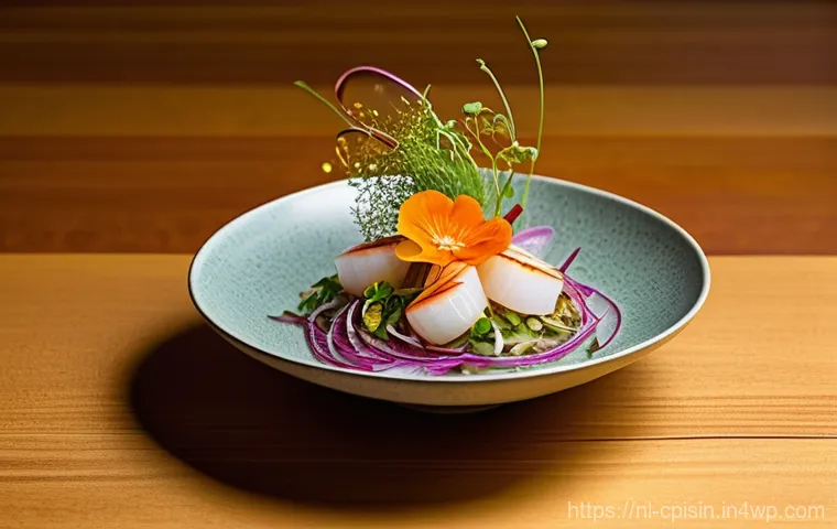 퓨전 요리의 트렌드 분석 - **"A beautifully composed, high-angle shot of a sophisticated Nikkei-style ceviche, presented in a m...
