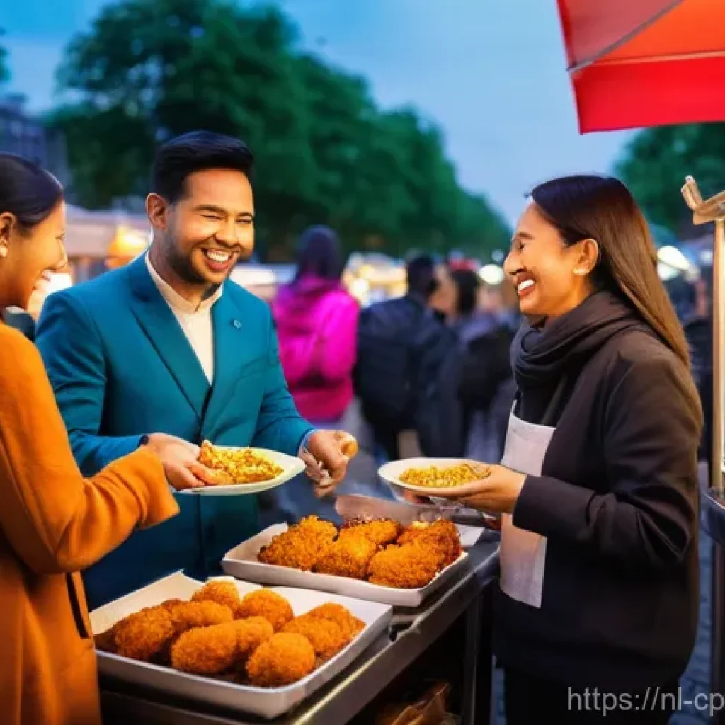 퓨전 요리에서의 메뉴 혁신 - **Prompt:** A bustling, vibrant street food market scene in Rotterdam, Netherlands, at dusk. In the ...