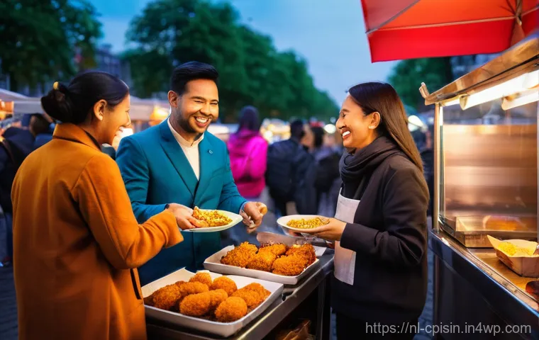 퓨전 요리에서의 메뉴 혁신 - **Prompt:** A bustling, vibrant street food market scene in Rotterdam, Netherlands, at dusk. In the ...