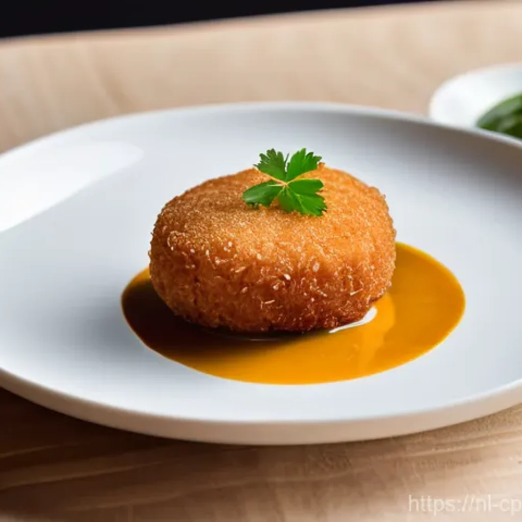 퓨전 요리 고전 요리와의 결합 - A meticulously plated 'Bitterbal' (Dutch croquette) with a rich, aromatic Massaman curry filling, se...