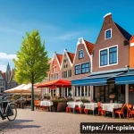 Home 21 퓨전 요리에서의 글로벌 시장 진출 전략 - A vibrant Dutch street scene featuring a cozy outdoor café serving fusion cuisine. The table display...