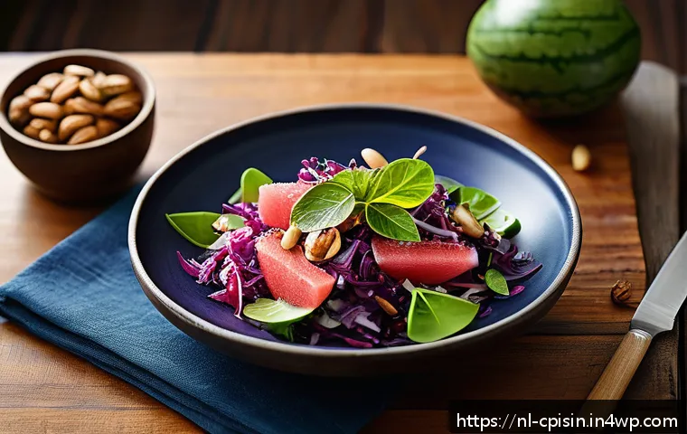 퓨전 요리 성공을 위한 맛의 조화 - A vibrant fusion dish featuring a colorful Asian-inspired salad with Dutch red cabbage and witlof, a...