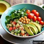 Home 23 퓨전 요리에서의 건강식 식단 구성 - A vibrant fusion kitchen scene showcasing a colorful bowl of quinoa salad with Thai coconut milk dre...