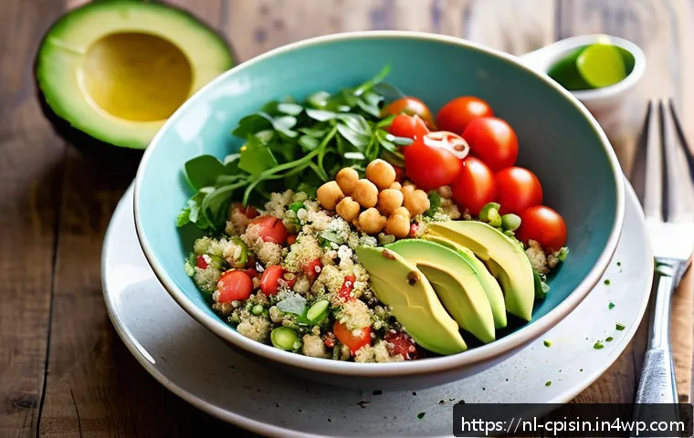 퓨전 요리에서의 건강식 식단 구성 - A vibrant fusion kitchen scene showcasing a colorful bowl of quinoa salad with Thai coconut milk dre...