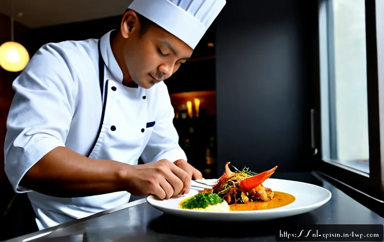 퓨전 요리에서 영감을 주는 유명 셰프들 - Photorealistic editorial kitchen scene of an inventive Dutch-European fusion chef plating a refined ...